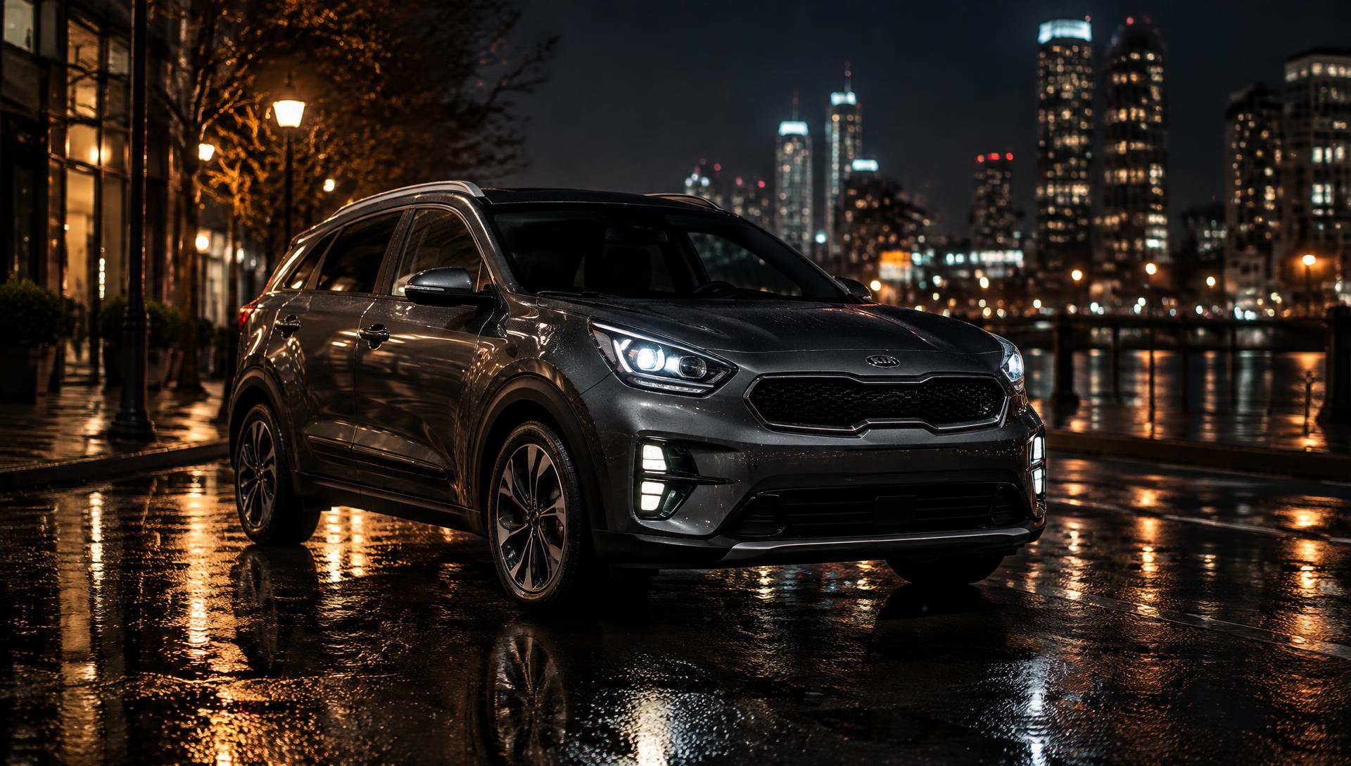 Kia Niro Hybrid executive car on a city street at night
